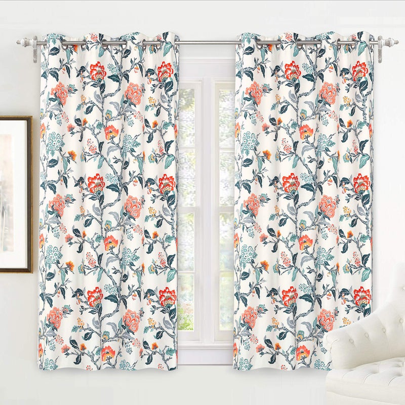 DriftAway Ada Floral Botanical Print Flower Leaf Lined Thermal Insulated Room Darkening Blackout Window Curtains 2 Layers Set of 2 Panels Each 52 Inch by 63 Inch Ivory Orange Teal - Image 1